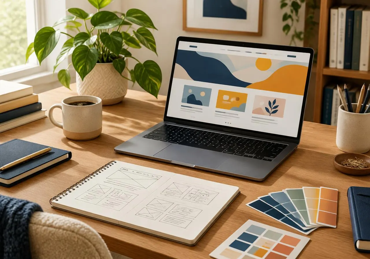 Mesa de trabalho com notebook, rascunhos de páginas e paletas de cores